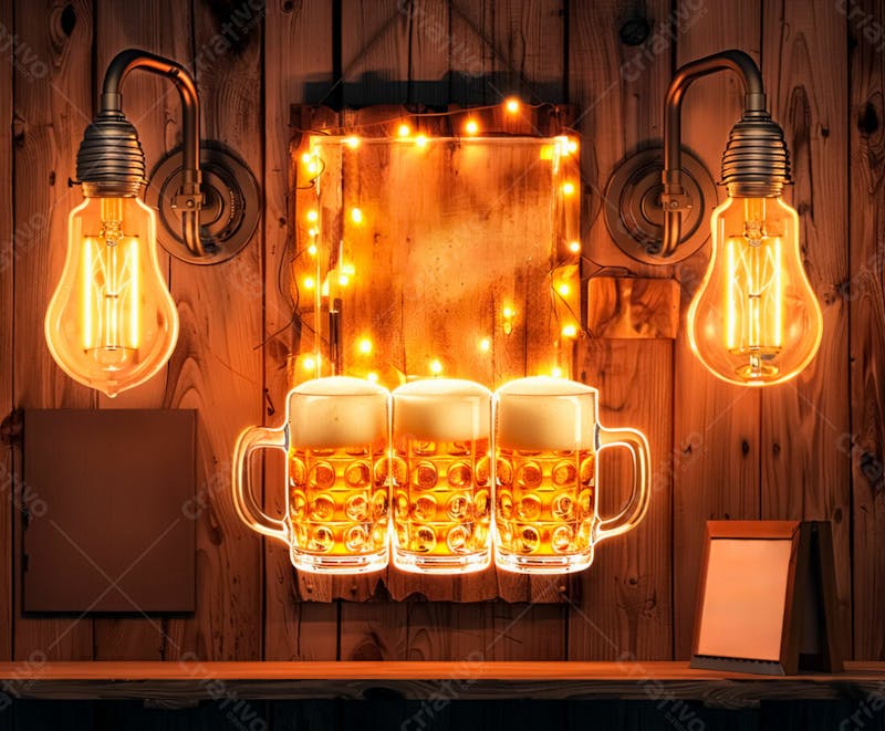 Canecas com cerveja em um fundo de madeira com luzes 41
