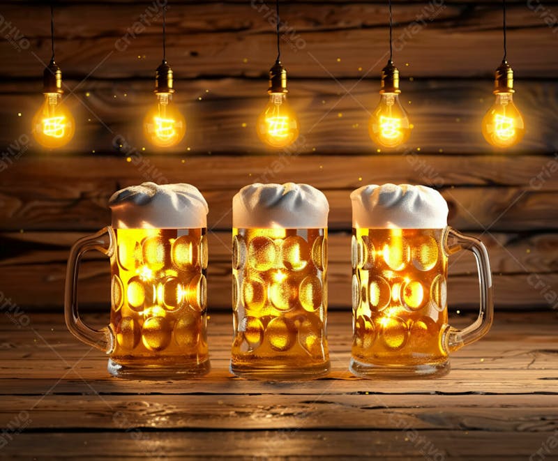 Canecas com cerveja em um fundo de madeira com luzes 42