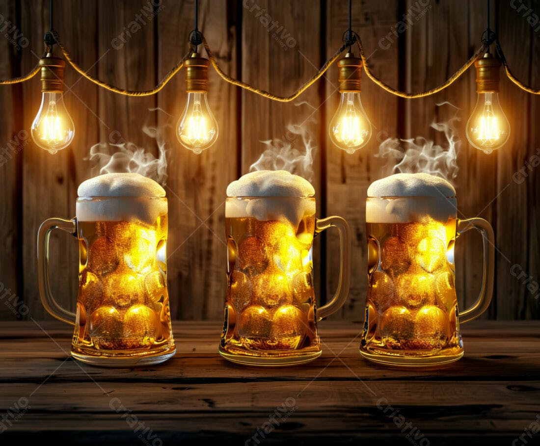 Três canecas de cerveja gelada com gelo