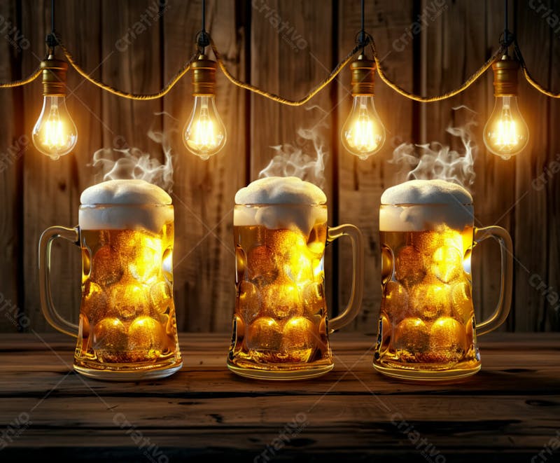 Canecas com cerveja em um fundo de madeira com luzes 43
