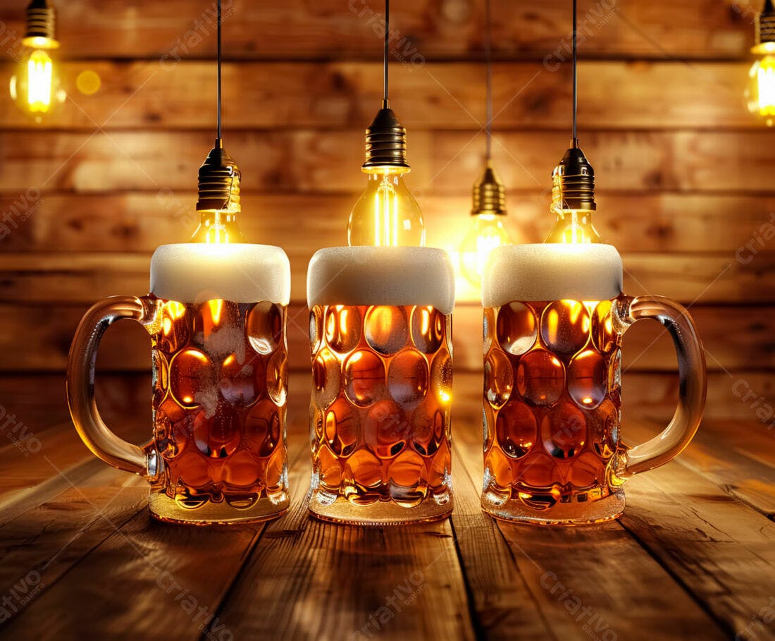 Três canecas de chope em bar de madeira