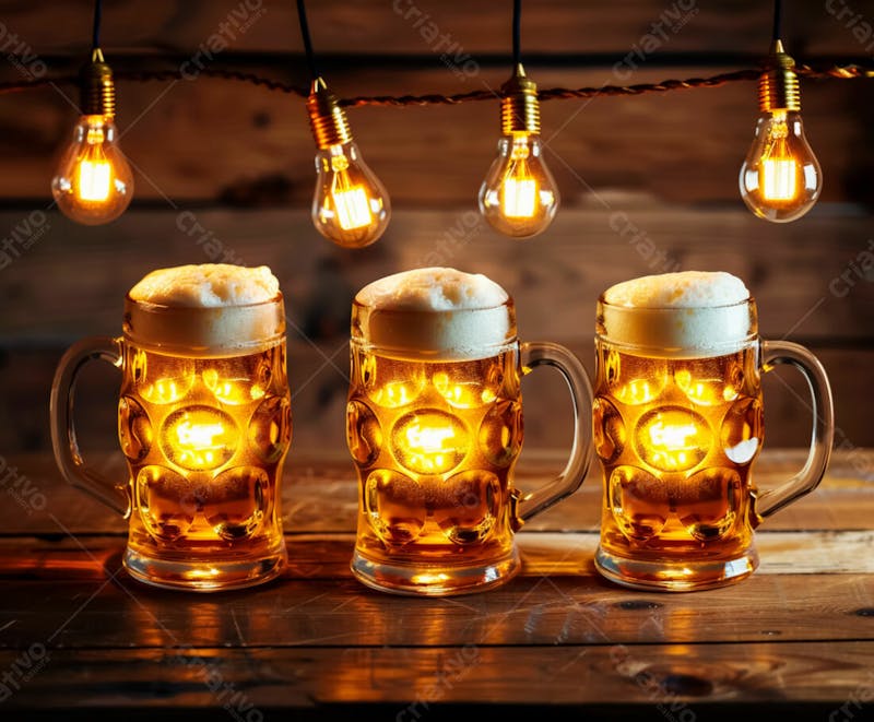 Canecas com cerveja em um fundo de madeira com luzes 45