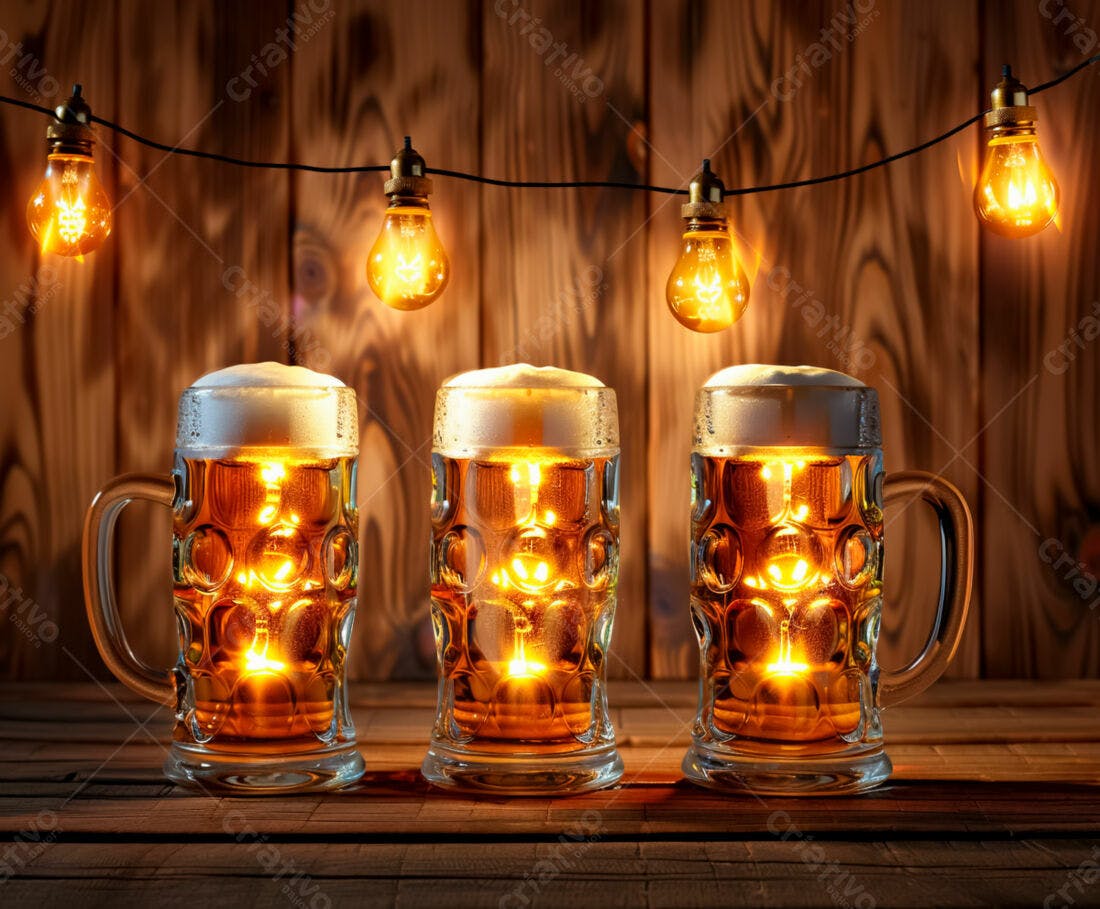 Três canecas de cerveja iluminadas em bar de madeira