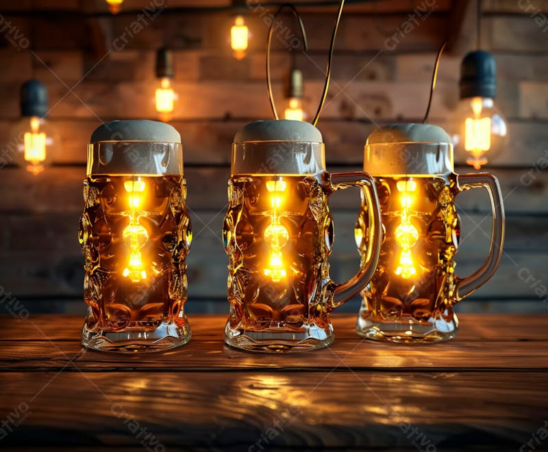 Canecas com cerveja em um fundo de madeira com luzes 47