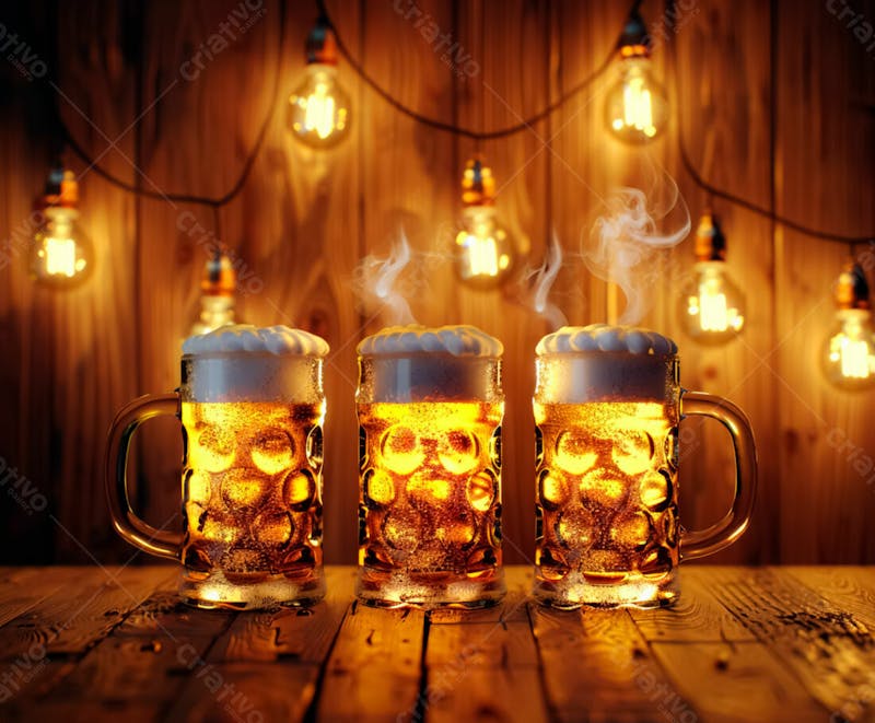 Canecas com cerveja em um fundo de madeira com luzes 48