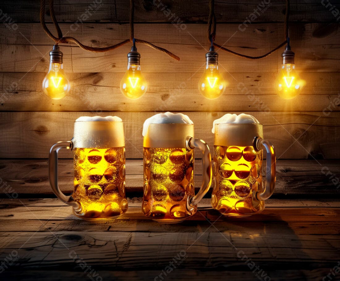 Três Canecas de Cerveja em Mesa de Madeira