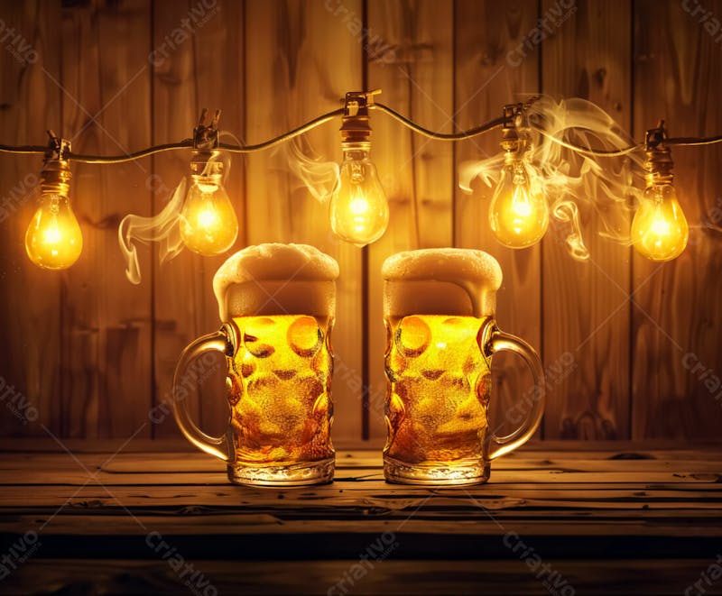 Canecas com cerveja em um fundo de madeira com luzes 50