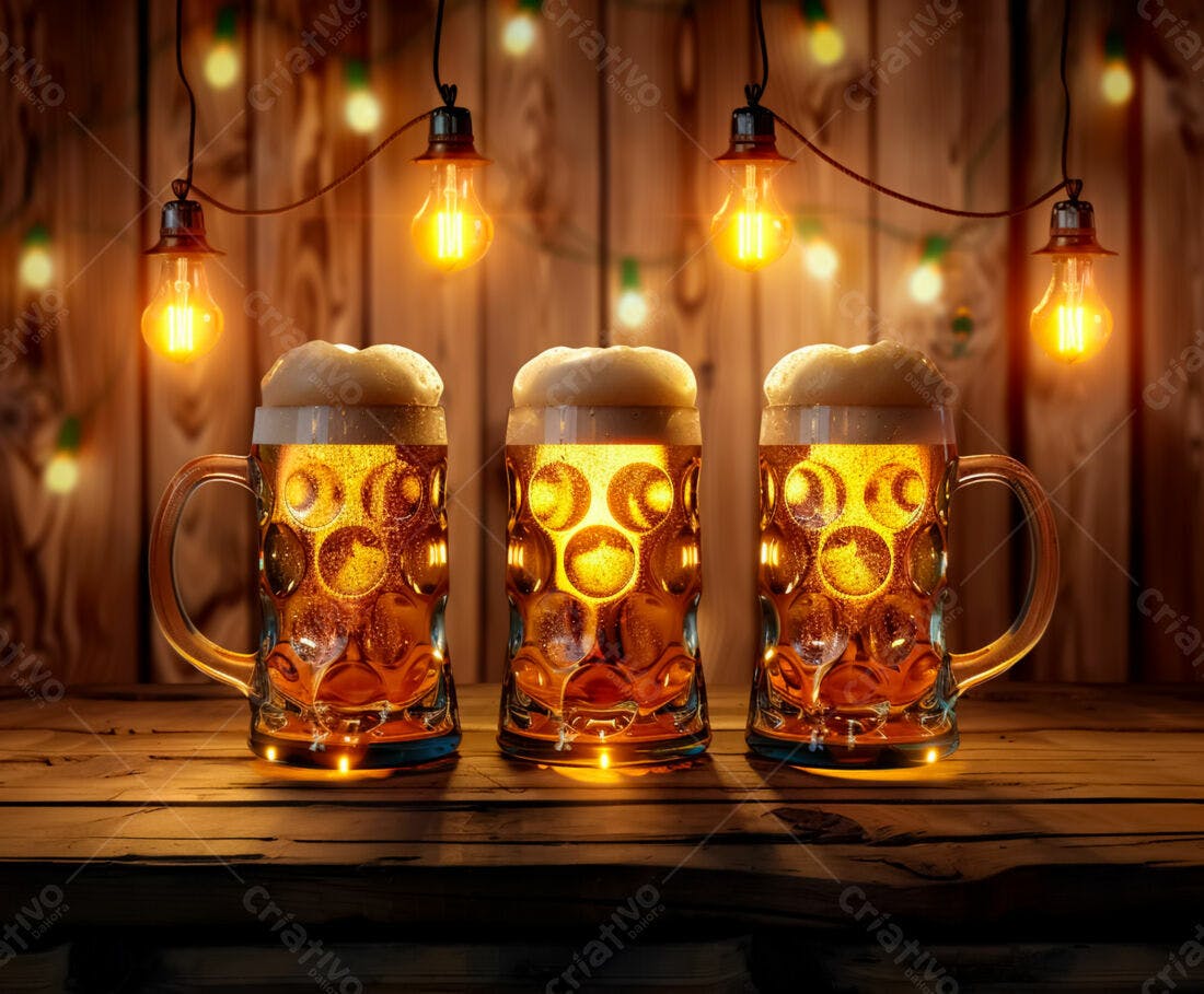 Três Canecas de Cerveja em Ambiente Rustico