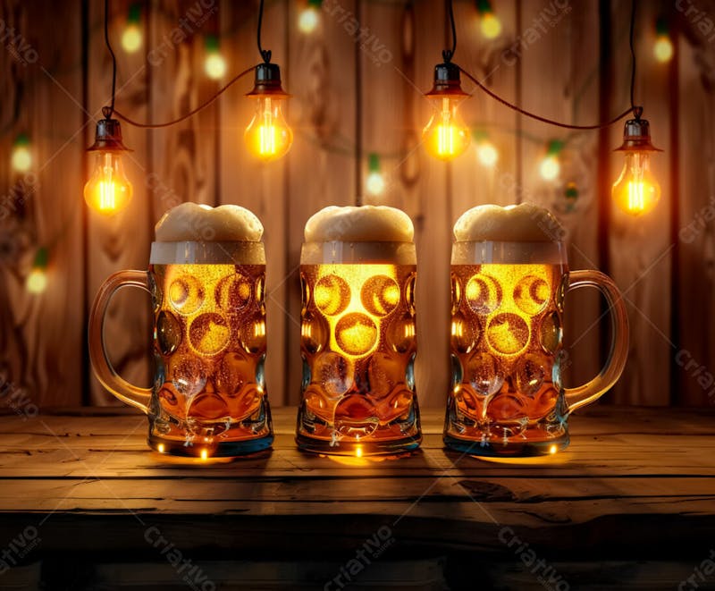 Canecas com cerveja em um fundo de madeira com luzes 52