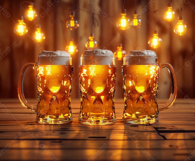 Canecas com cerveja em um fundo de madeira com luzes 51