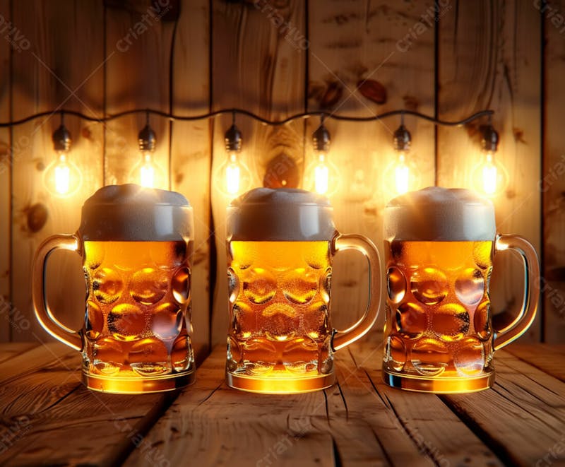 Canecas com cerveja em um fundo de madeira com luzes 53
