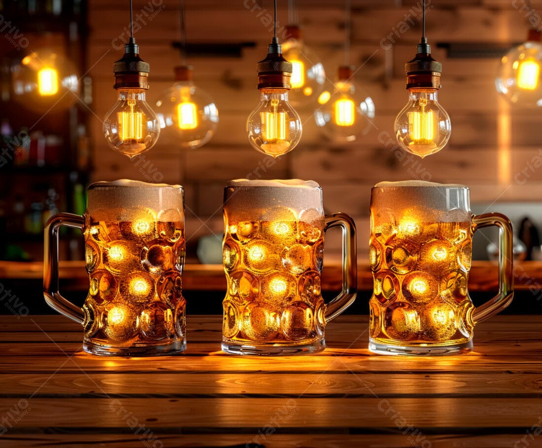 Três canecas de chope iluminadas em bar