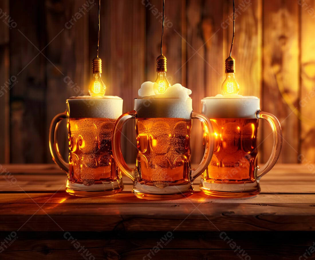 Três canecas de cerveja iluminadas