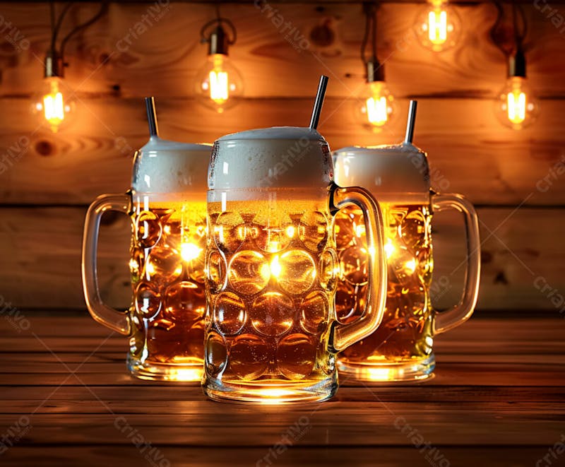 Canecas com cerveja em um fundo de madeira com luzes 56
