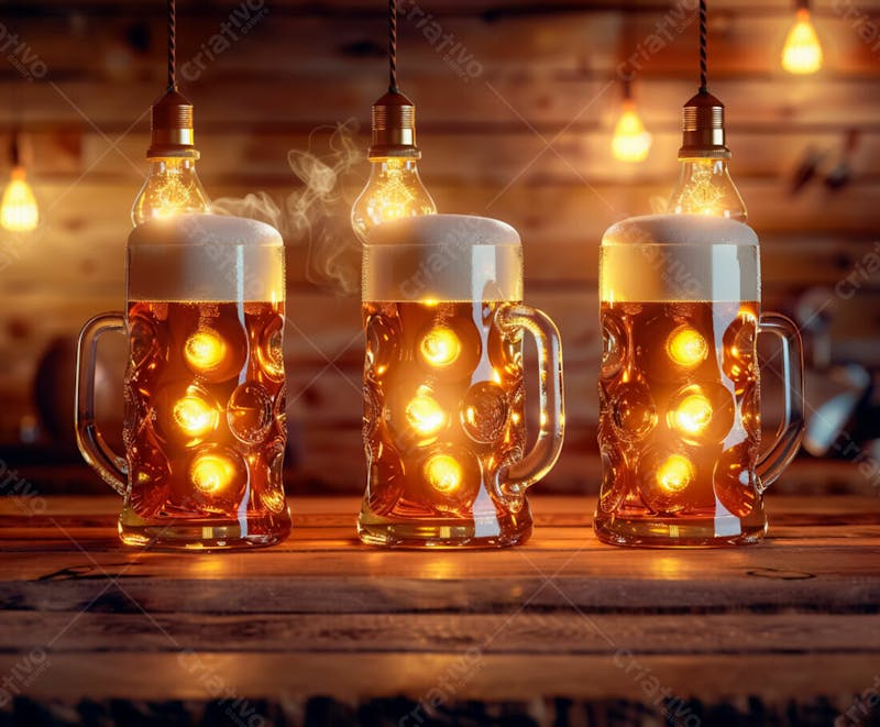 Canecas com cerveja em um fundo de madeira com luzes 57