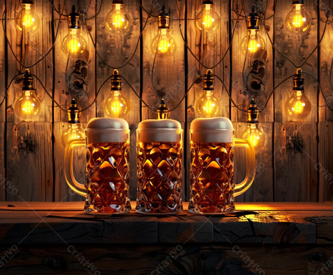 Três canecas de chope iluminadas