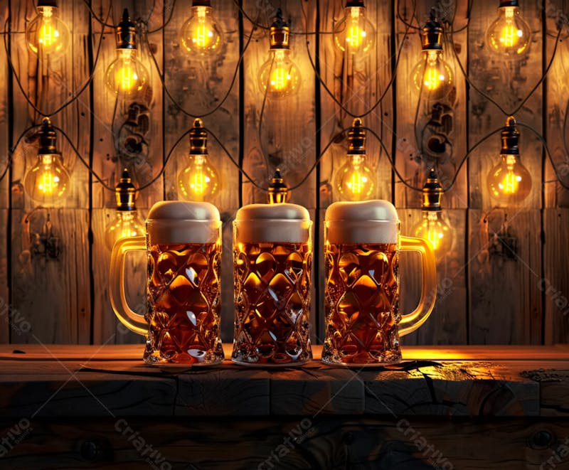 Canecas com cerveja em um fundo de madeira com luzes 58