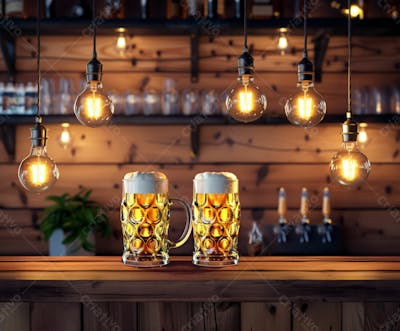 Canecas Com Cerveja Em Um Fundo De Madeira Com Luzes 59