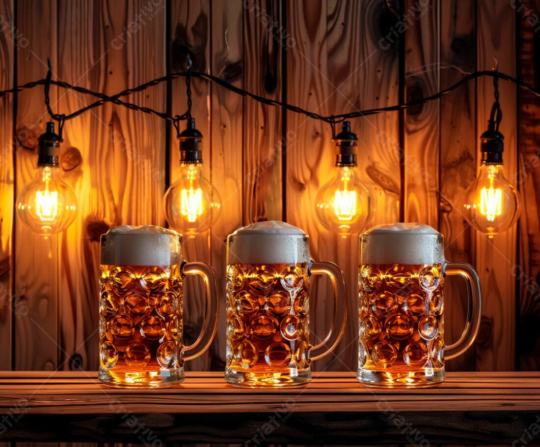 Três canecas de cerveja artesanal em bar de madeira