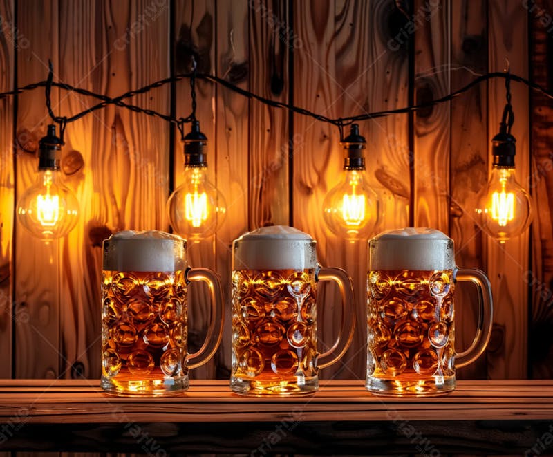 Canecas com cerveja em um fundo de madeira com luzes 60