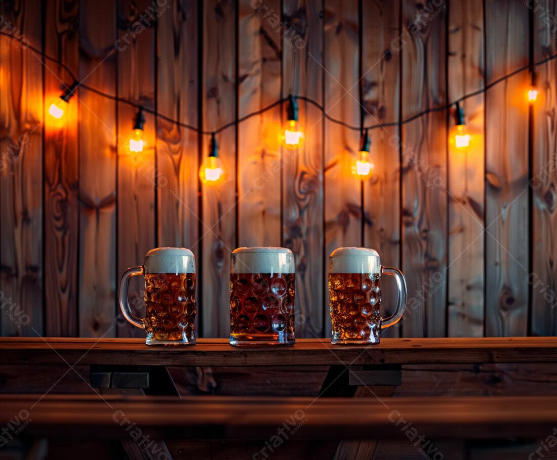 Três canecas de cerveja escura em bar aconchegante