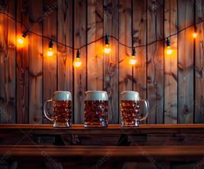 Canecas Com Cerveja Em Um Fundo De Madeira Com Luzes 61