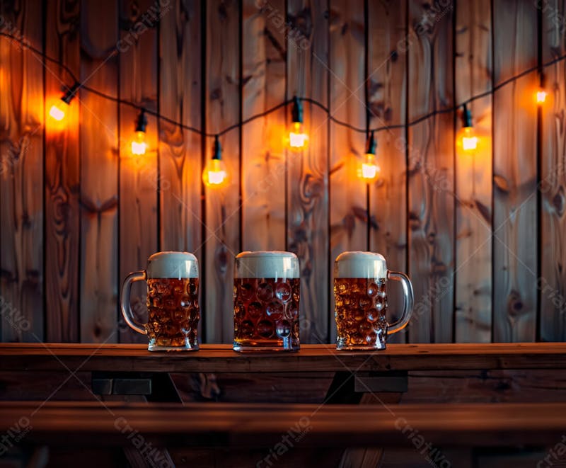 Canecas com cerveja em um fundo de madeira com luzes 61