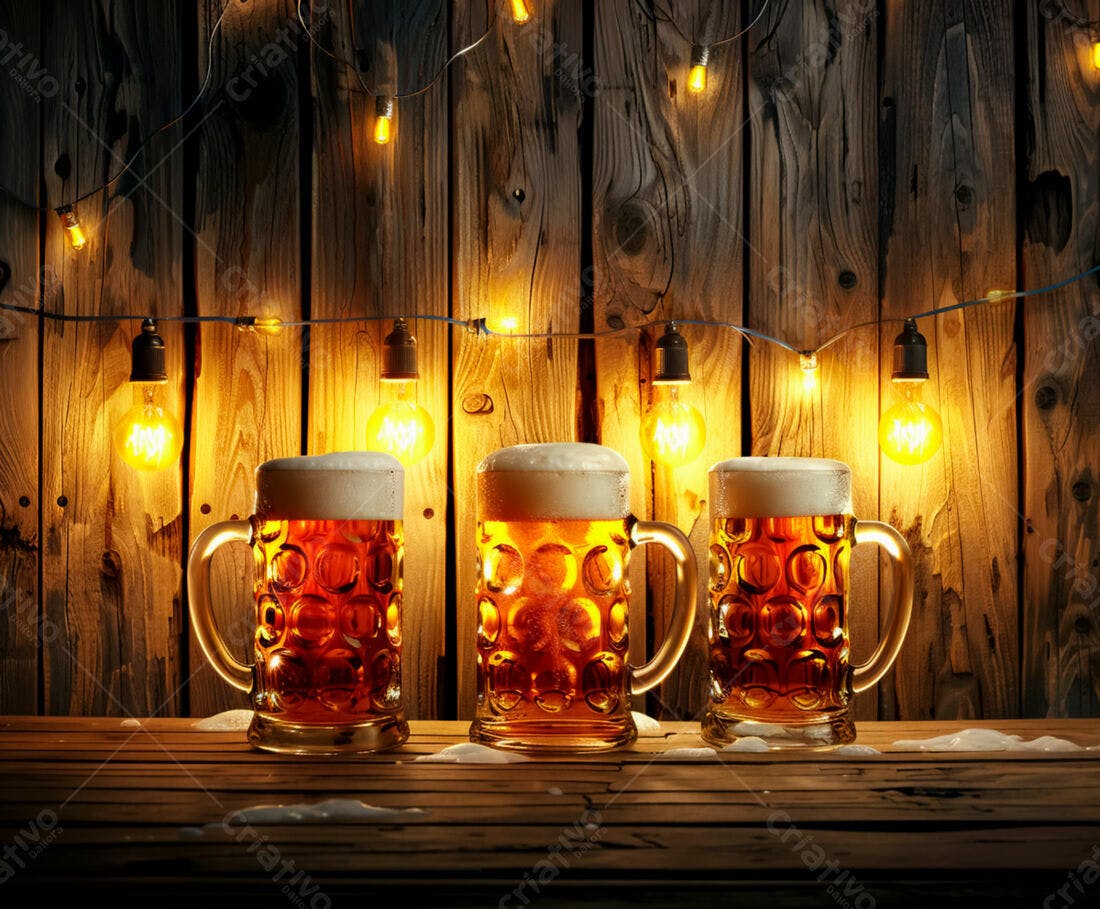 Três Canecas de Cerveja em Mesa de Madeira