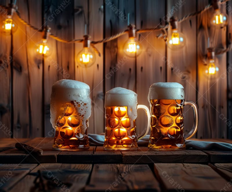 Canecas com cerveja em um fundo de madeira com luzes 63