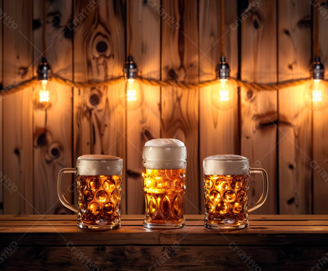 Três canecas de cerveja artesanal em bar de madeira
