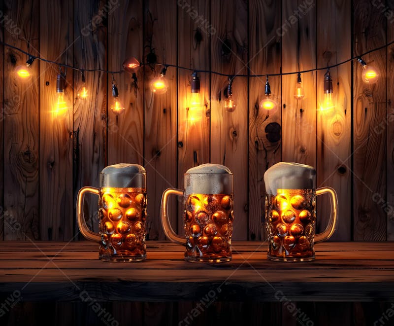 Canecas com cerveja em um fundo de madeira com luzes 65
