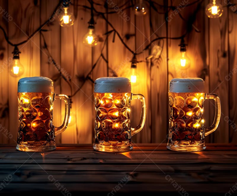 Canecas com cerveja em um fundo de madeira com luzes 66