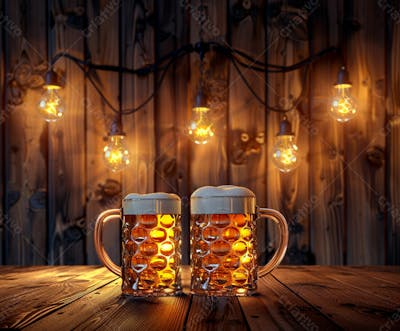 Canecas Com Cerveja Em Um Fundo De Madeira Com Luzes 67