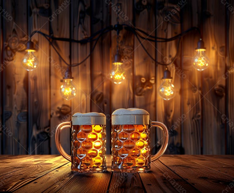 Canecas com cerveja em um fundo de madeira com luzes 67