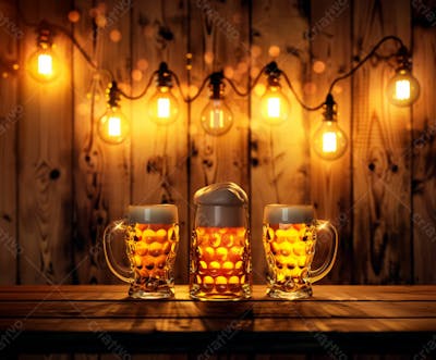 Canecas Com Cerveja Em Um Fundo De Madeira Com Luzes 68