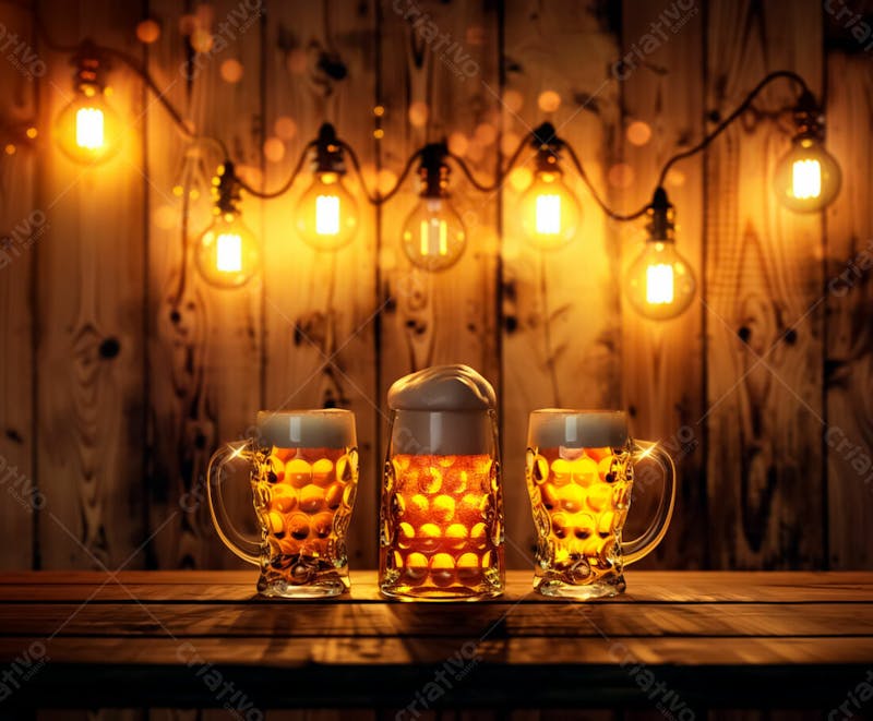 Canecas com cerveja em um fundo de madeira com luzes 68