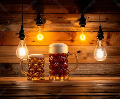 Canecas Com Cerveja Em Um Fundo De Madeira Com Luzes 69