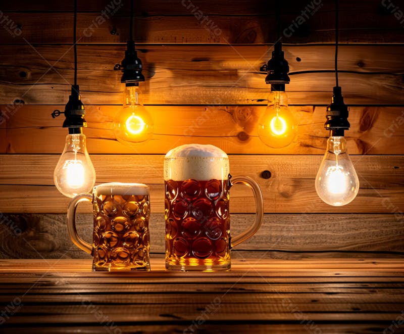 Canecas com cerveja em um fundo de madeira com luzes 69