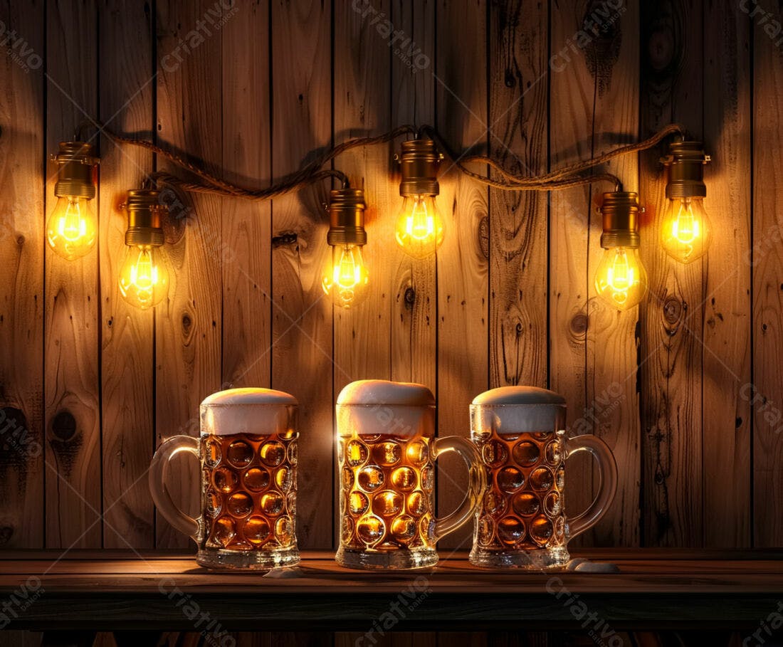Três canecas de cerveja loira em bar de madeira