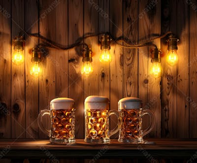 Canecas Com Cerveja Em Um Fundo De Madeira Com Luzes 70