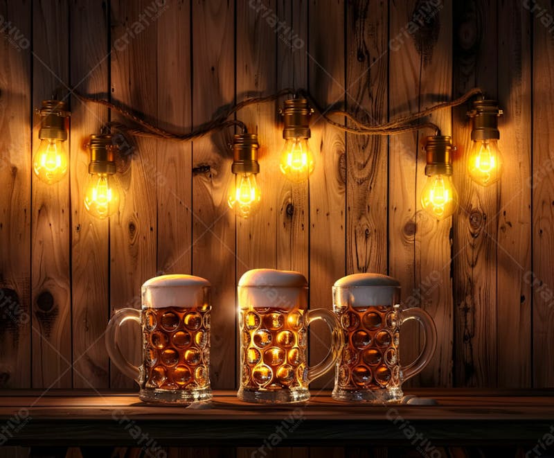Canecas com cerveja em um fundo de madeira com luzes 70