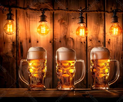 Canecas Com Cerveja Em Um Fundo De Madeira Com Luzes 71