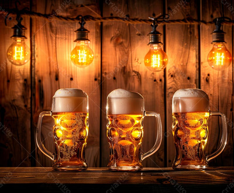 Canecas com cerveja em um fundo de madeira com luzes 71