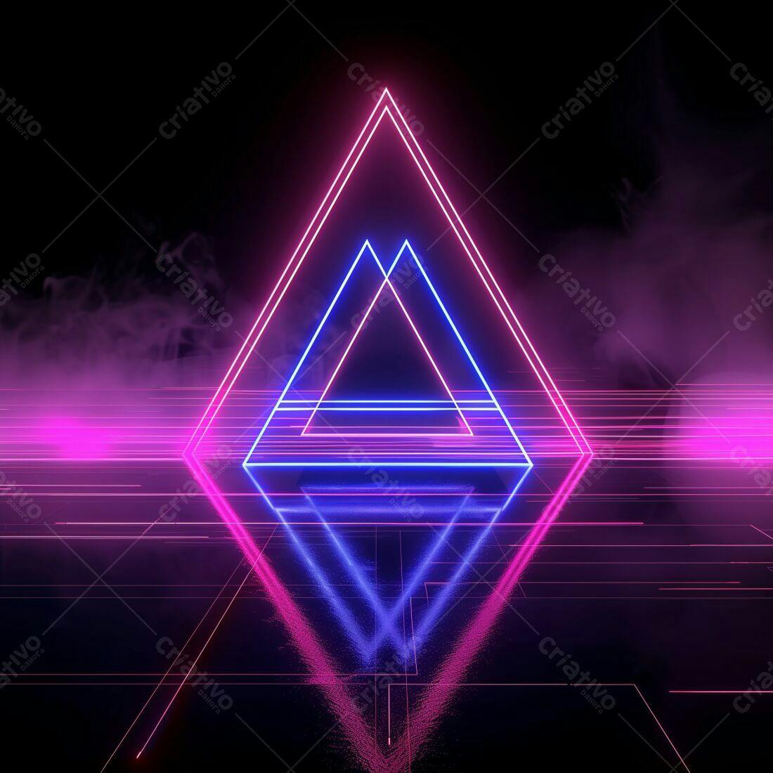 Trilhos de luz neon rosa e azul em formato de triângulos