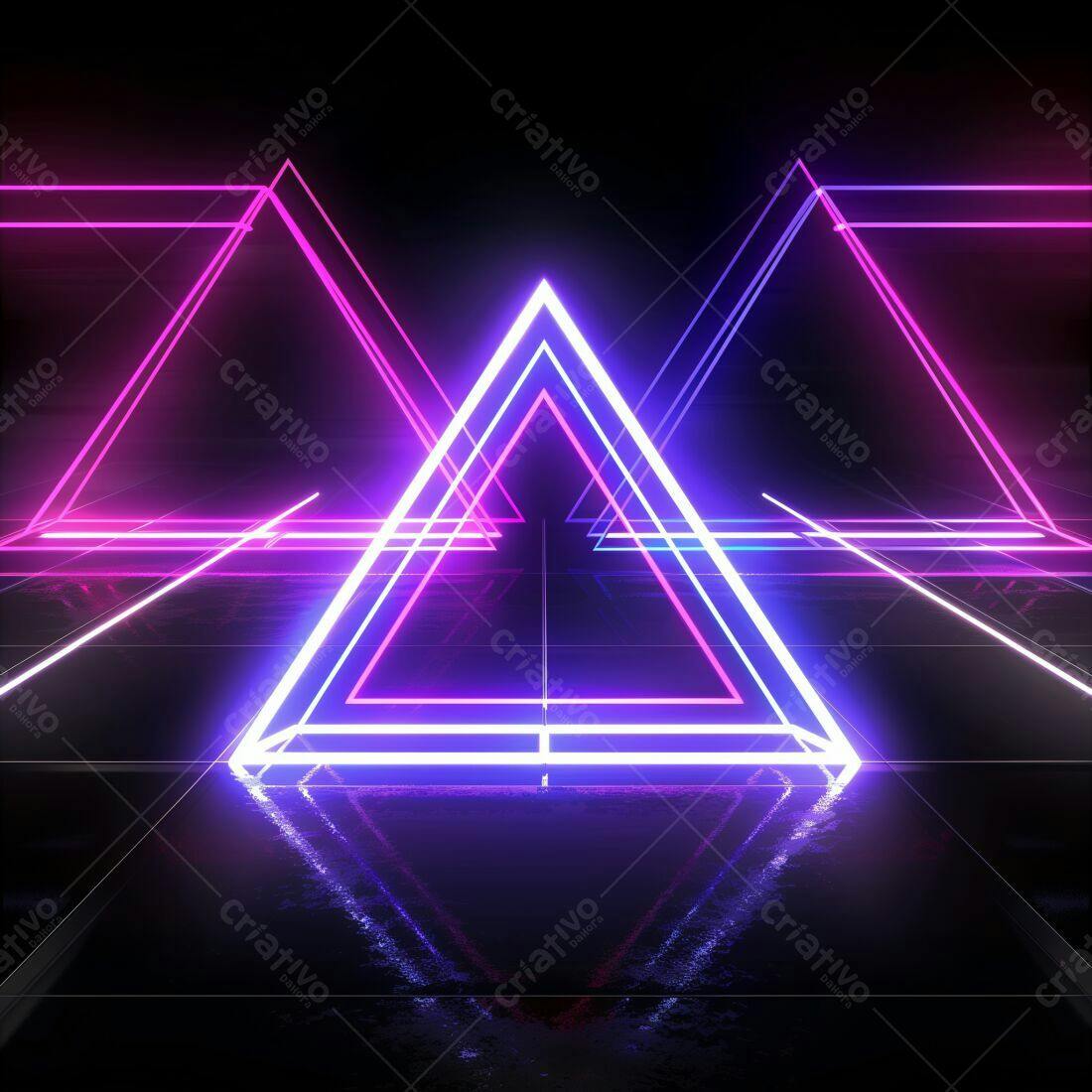 Três triângulos neon rosa e azul