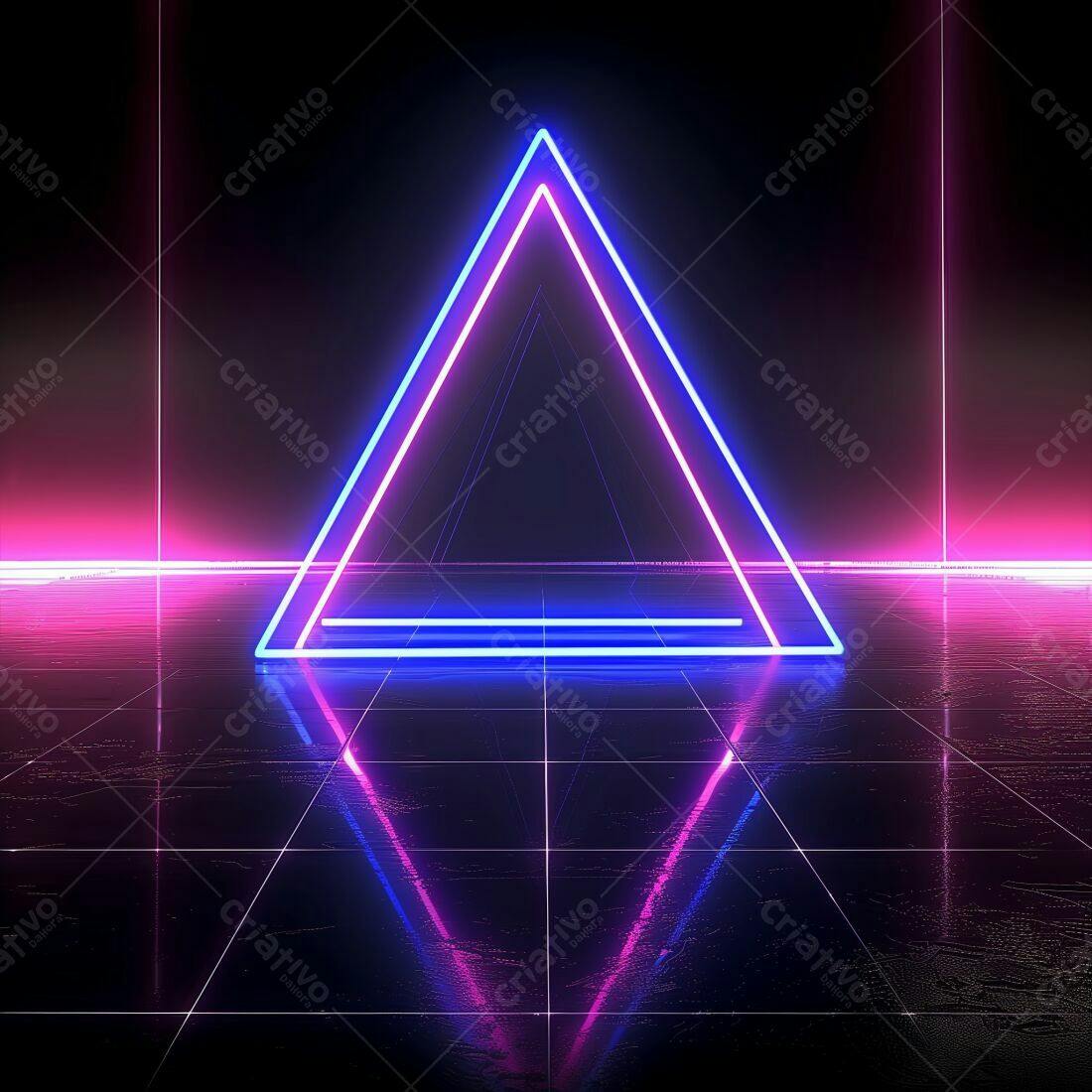 Triângulo Neon Rosa e Azul em Piso Escuro