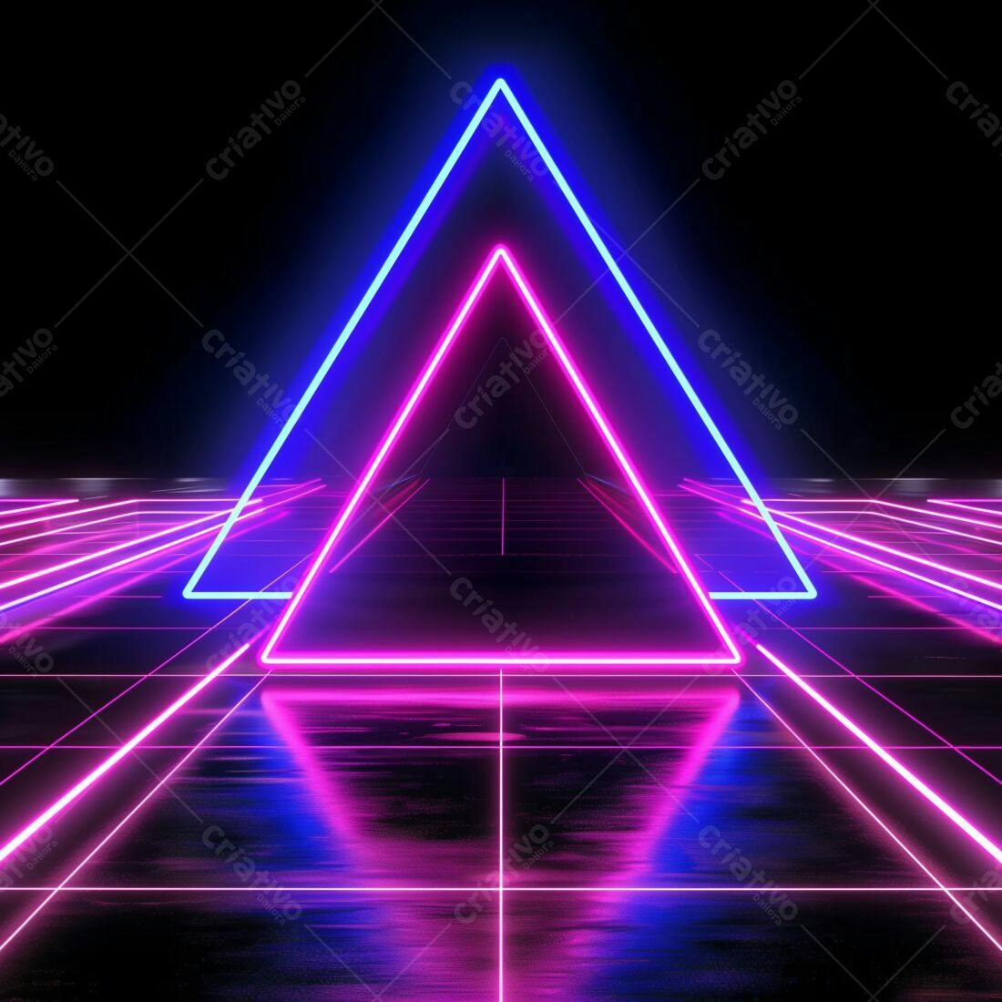 Trilhos de luz neon rosa e azul em formato triangular