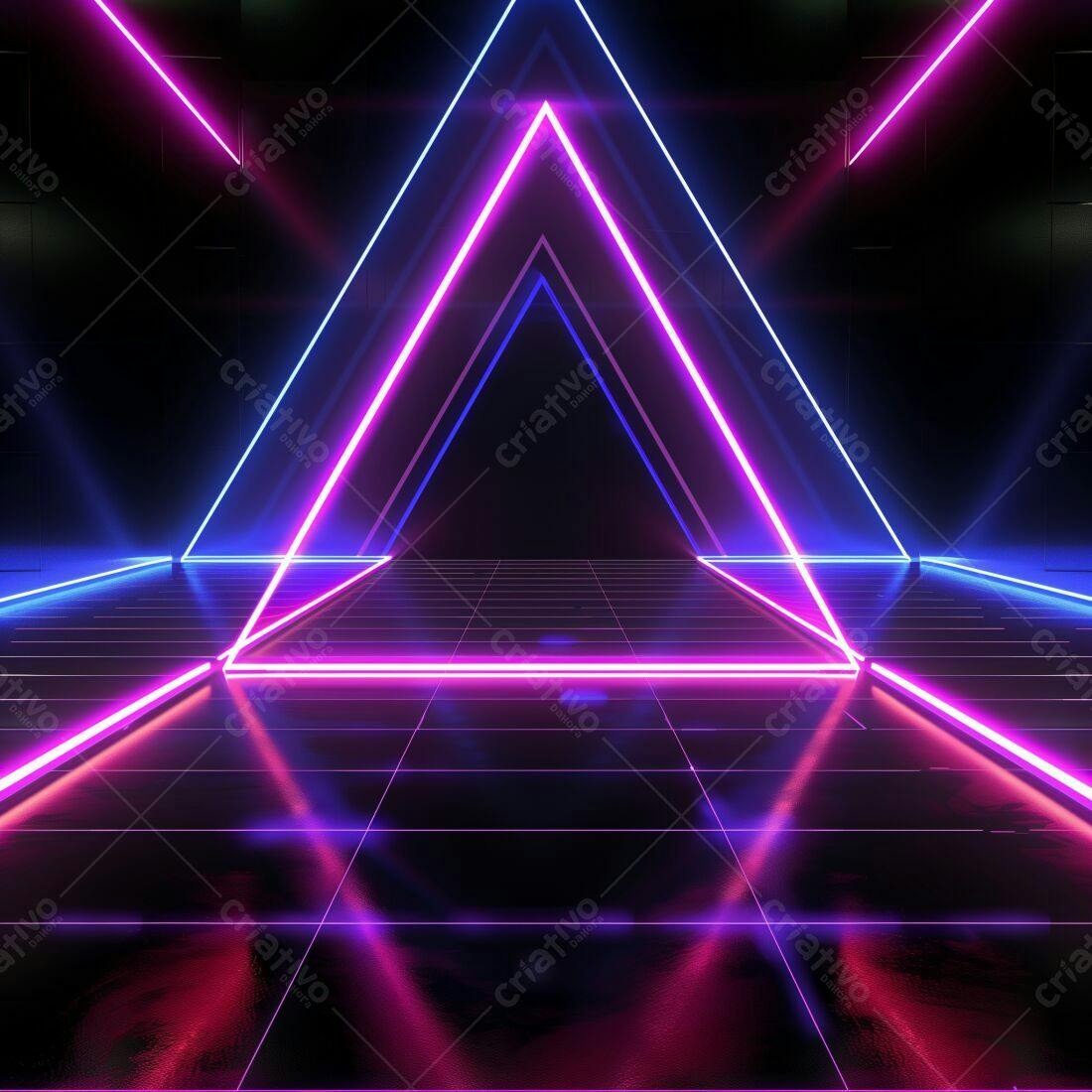 Trilângulo Neon Rosa e Azul em Piso Escuro