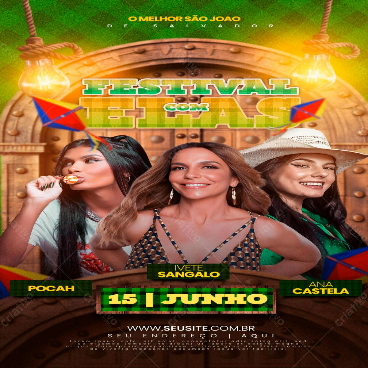 Flyer Festa Junina com Ivete, Pocah e Ana Castela PSD Editável