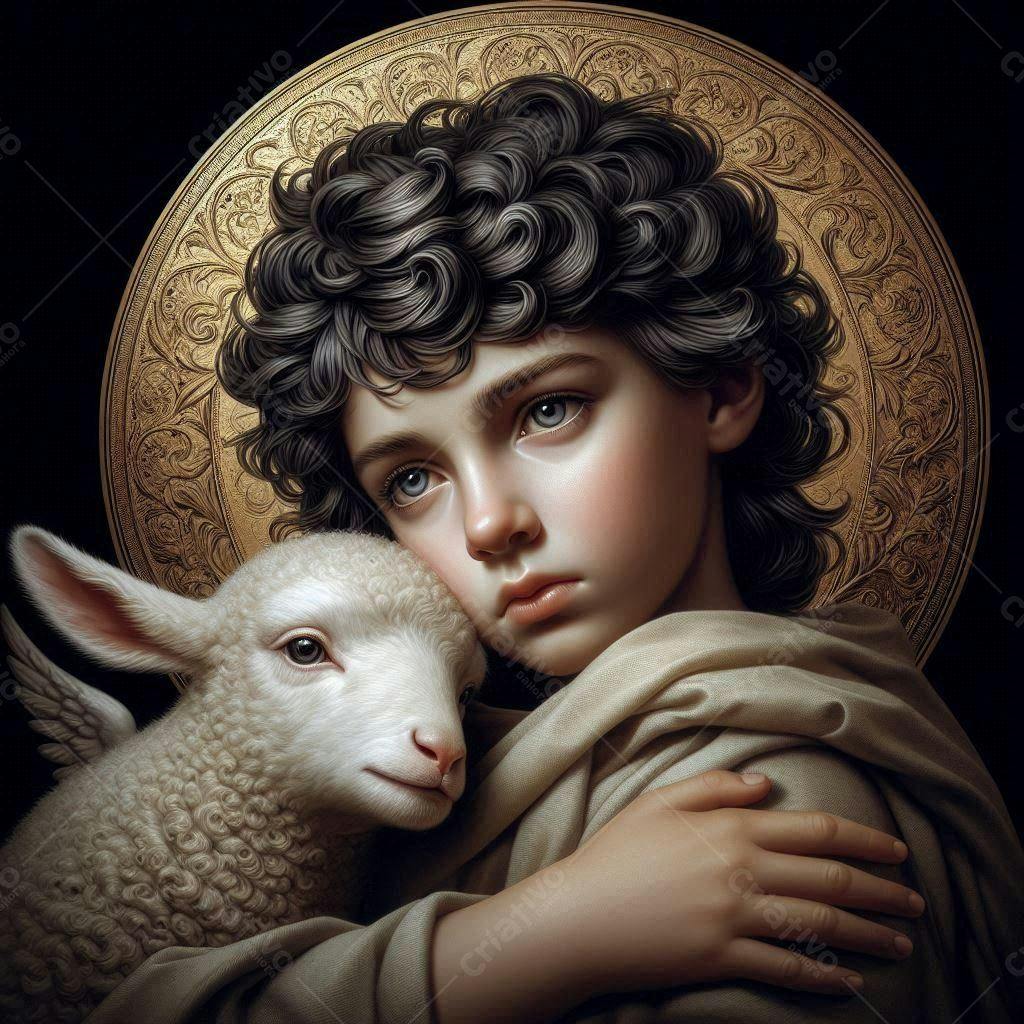 Menino com cordeiro pintura religiosa tons neutros
